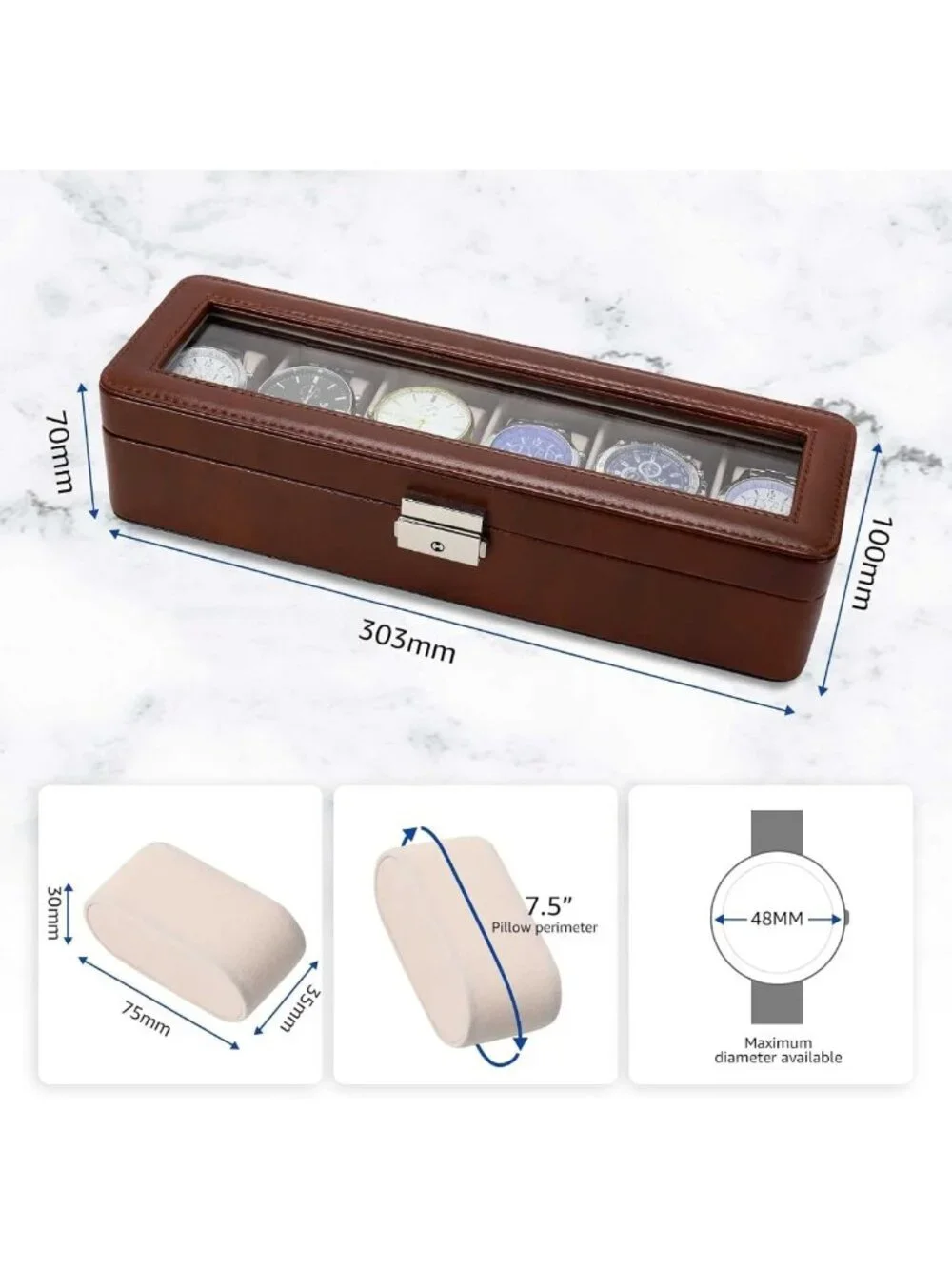 6-Slot PU Leather Watch Box Organizer with Glass Lid & Lock - Jewelry Display
